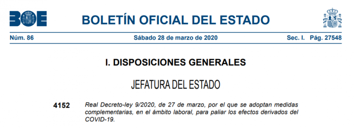 RD sobre prrroga de Estado de alarma y medidas laborales complementarias 27 marzo 2020