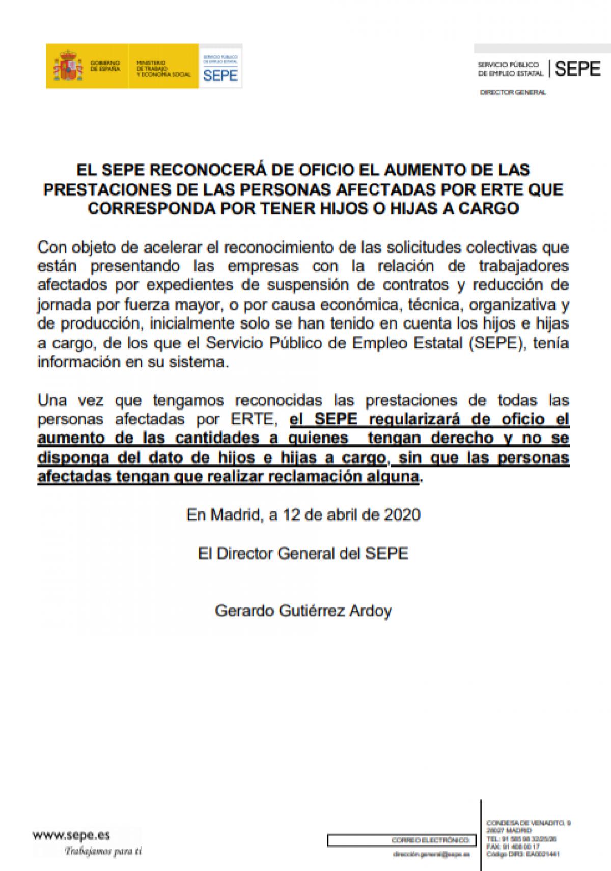 Nota informativa sobre el reconocimiento de oficio del aumento por hijos a cargo de la prestacin por desempleo en caso de ERTE por COVID19