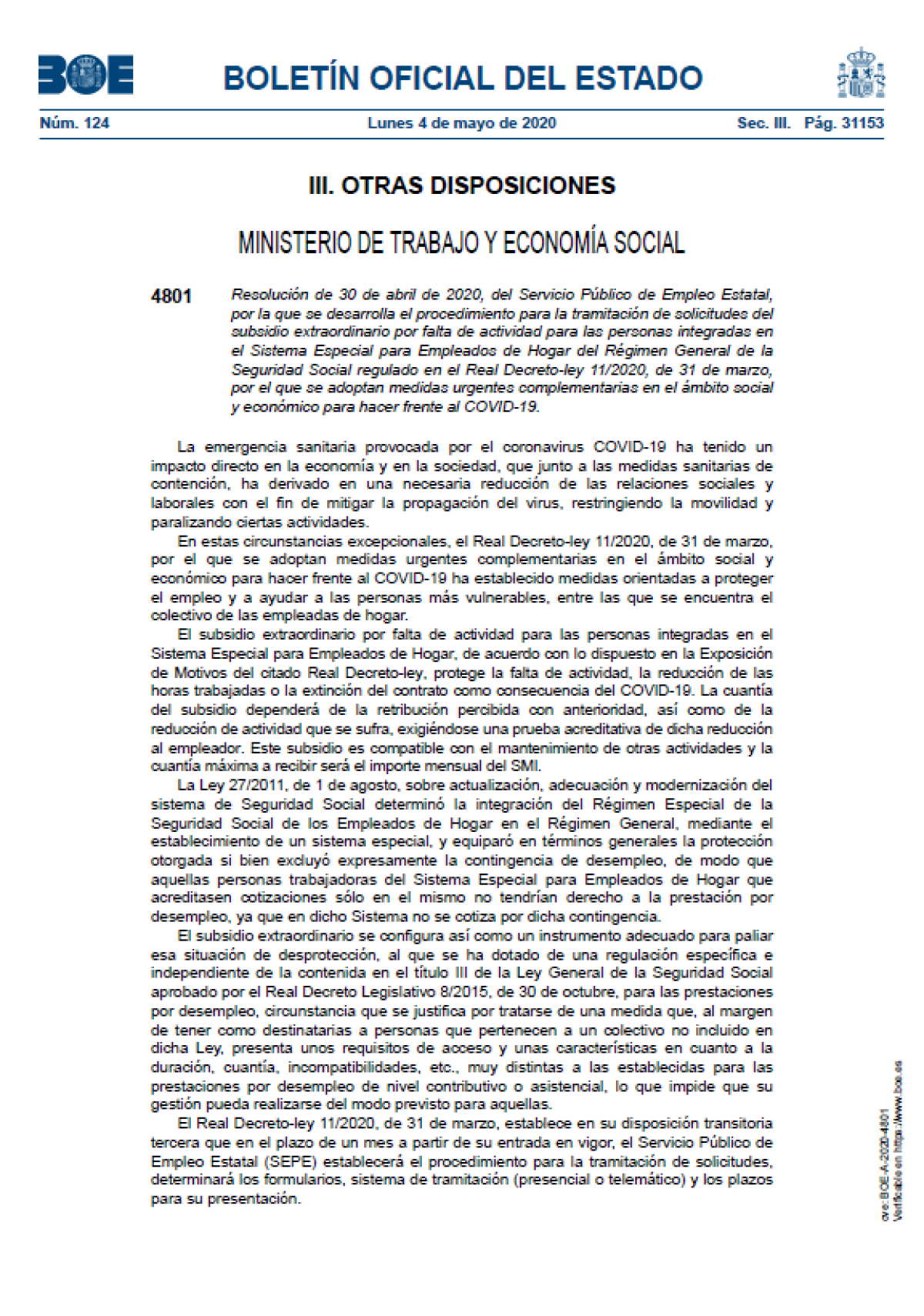 Resolucin que regula el procedimiento de subsidio extraordinario para Empleados del Hogar del Rgimen Especial (30-4-2020)