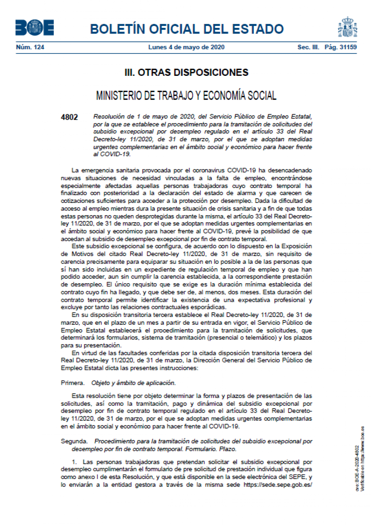 Resolucin por la que se establece la tramitacin de solicitudes para el subsidio excepcional por desempleo (1-5-2020)