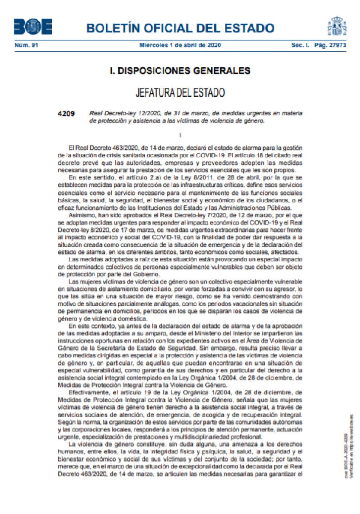 RD 12/2020 del 31 de marzo de medidas urgentes en materia de proteccin y asistencia a las vctimas de violencia de gnero