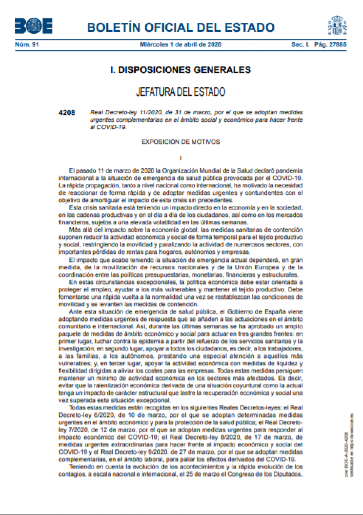 RD 11/2020 del 31 de marzo por el que se adoptan medidas urgentes complementarias en el mbito social y econmico para hacer frente al COVID-19