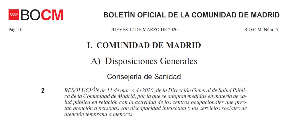 Resolucin en relacin con la actividad de los centros ocupacionales que prestan atencin a personas con discapacidad intelectual y los servicios sociales de atencin temprana a menores