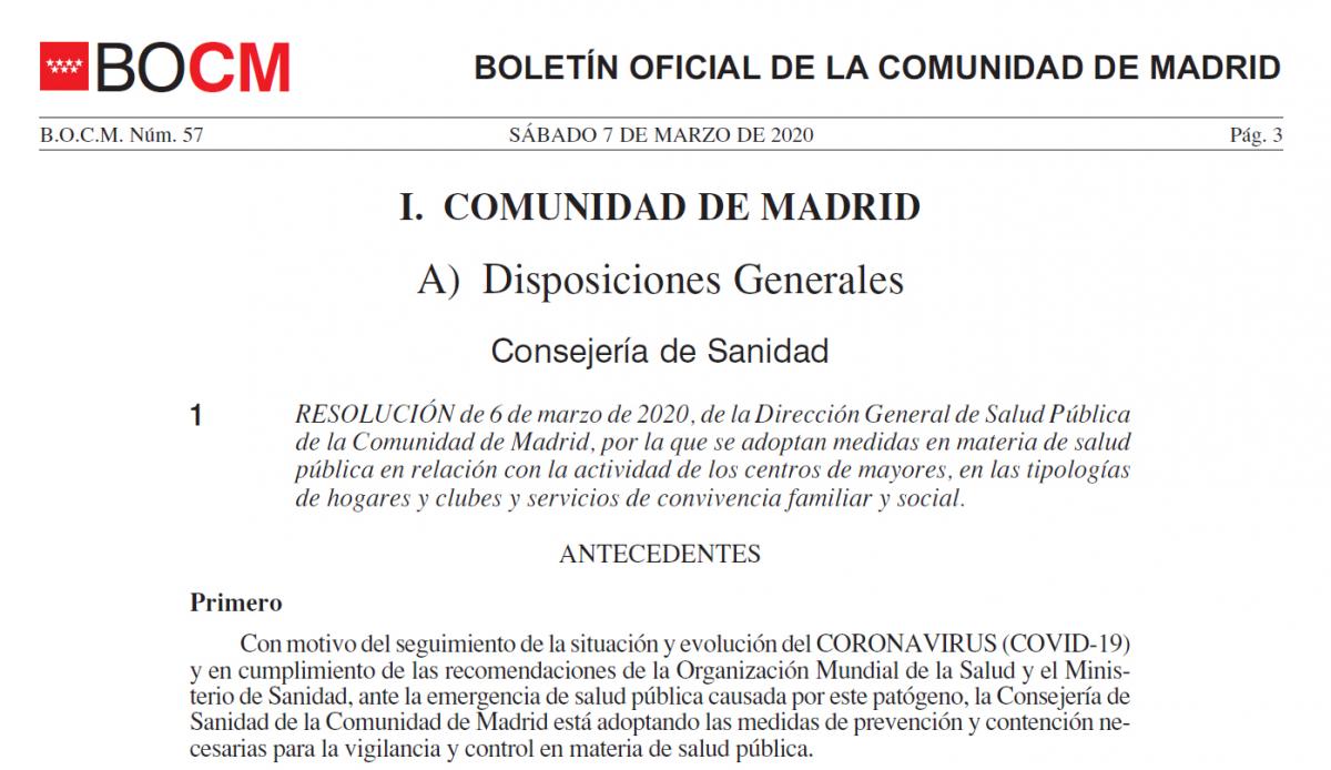 DOCUMENTO Resolucin de 6-3- 2020, de la DG de Salud Pblica de la CAM, sobre medidas en materia de salud pblica en relacin con los centros de mayores, en las tipologas de hogares y clubes y servicios de convivencia familiar y social