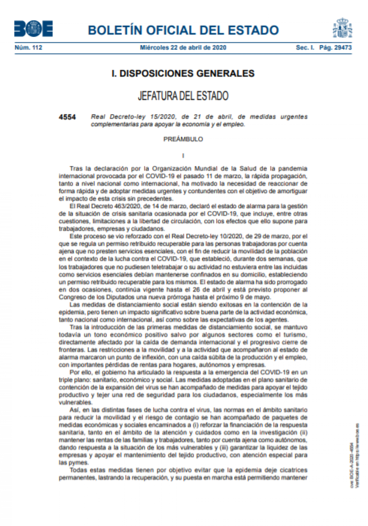 Real Decreto-ley 15/2020, de 21 de abril, de medidas urgentes complementarias para apoyar la economa y el empleo